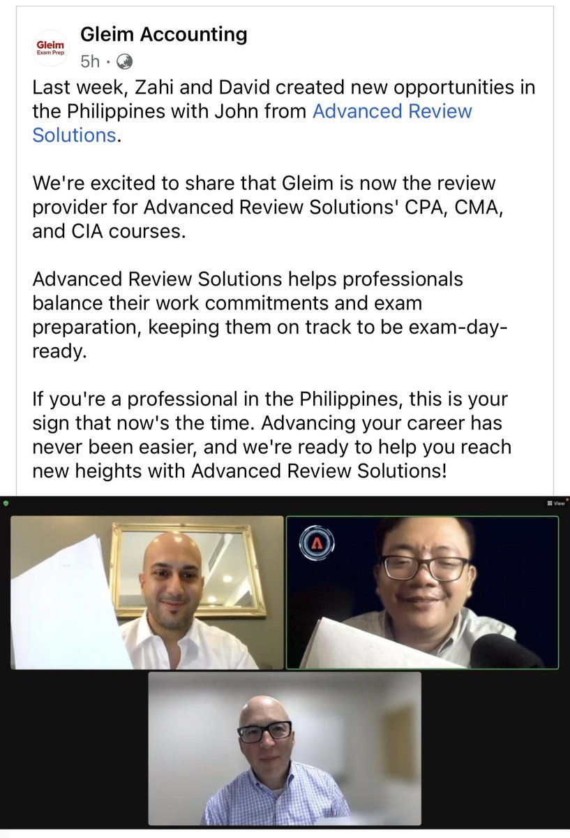 JmanLopo's tweet photo. Thank you Zahi and David for this opportunity to become part of Gleim Accounting Family here in the Philippines. We are ready to help professionals and students to become CMA, CIA and even US CPA soon. We are your partner beyond numbers. ☺️ #ARS #Gleim #CMA #CIA #USCPA https://t.co/OxWov6td5Z