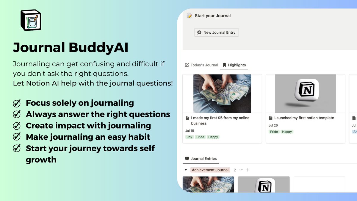 SystemSumo's tweet image. 🚨 FREE Notion AI Template 🚨

Journaling is hard because you don&apos;t know what to write about.

So, I created Journal BuddyAI which asks the right questions/prompts to help you journal effectively.

To get it:
- Follow me (so I can DM you)
- Like &amp;amp; RT this tweet
- Reply &quot;Buddy&quot;