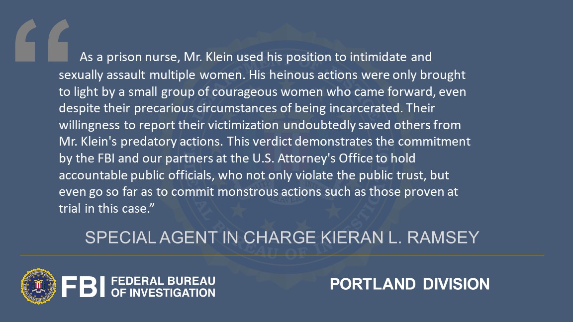 Former Oregon Corrections Nurse Found Guilty of Sexually Assaulting Nine Female Inmates. See the following statement from SAC Ramsey: justice.gov/usao-or/pr/for…