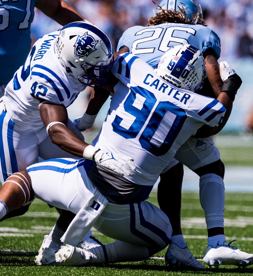 JimNagyOU's tweet photo. Junior QB Riley Leonard and senior LT Graham Barton get all the draft buzz when it comes to @DukeFOOTBALL but @seniorbowl is also looking forward to checking out DT DeWayne Carter and EDGE R.J. Oben this fall.
@Dewaynecarter0 (6025v, 309v) is an aware & active 3-tech who makes plays laterally down LOS and got more disruptive over course of 2022 season (see vs. Miami, Boston College). He has 10 sacks over past two years and there’s enough pass rush skill to project him having a role on third-down at next level.
@rj_oben got our attention early last year with some quality rushes against eventual first-rounder Peter Skoronski and he wins with skilled hands & sneaky slipperiness on counters. He looks long on tape and has kind of reach that QBs feel whenever he gets around them.
#BestoftheBest
#TheDraftStartsInMOBILE™️