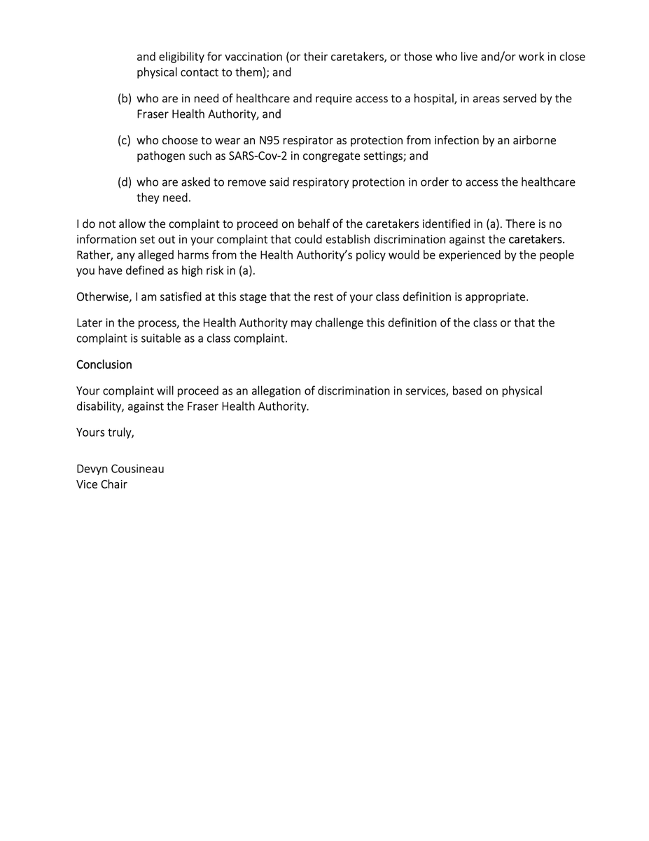 [UPDATE] FYI, RE: BCHRT class complaint against ban on use of respirators by <a href="/Fraserhealth/">Fraser Health</a>: "Your complaint is proceeding against Fraser Health Authority, and a letter will be sent to all parties to explain the next steps."