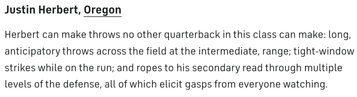 I love looking back on pre-draft evals (yes, even the misses)  

This is what I wrote on Justin Herbert before the 2020 Senior Bowl. He finished as my QB3 behind Burrow and Tua but was a Top 10 overall prospect for me https://t.co/iL2qKm99nP