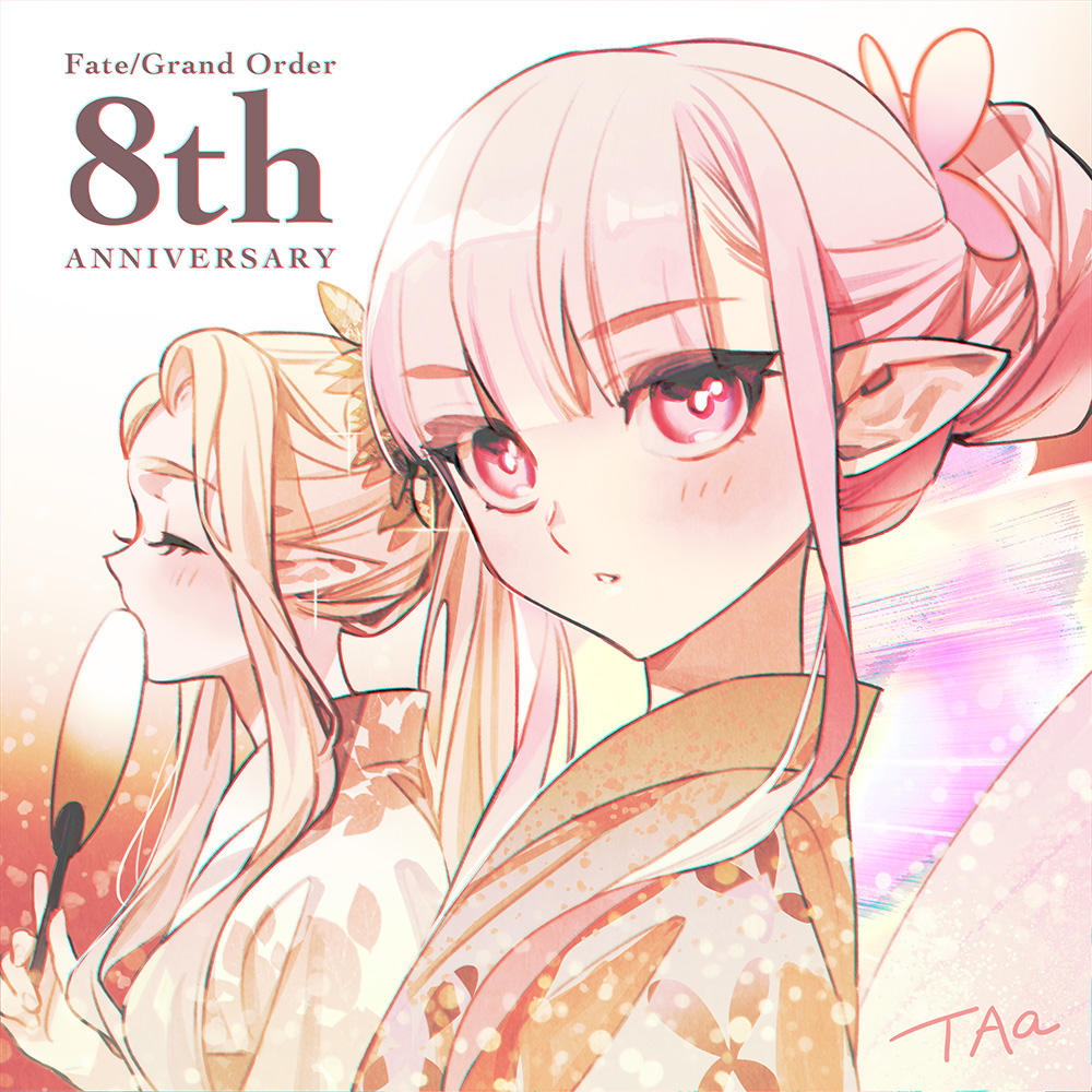 multiple girls 2girls japanese clothes kimono pointy ears pink hair hand fan  illustration images