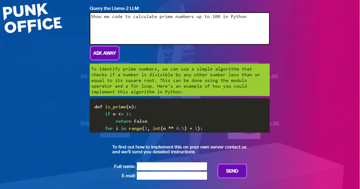 We just built an #AI assistant that uses the #Meta #LLM Llama2.  You can try it out at punkoffice.com/freeai This AI has personality!