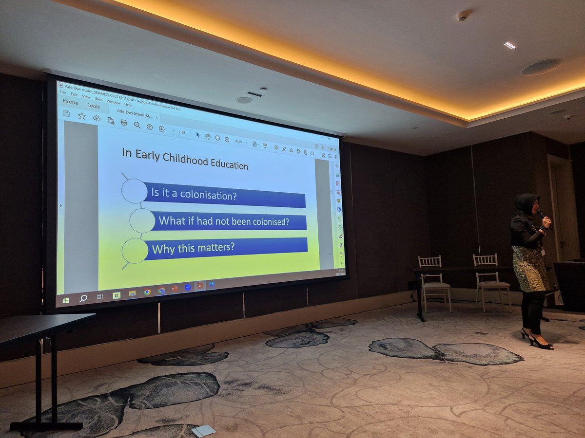 Froebelbanjo's tweet image. Dr. Ade Dwi Utami, Universitas Negeri Jakarta, asks: what if #ECCE had not been colonised? Can we reconceptualise, decolonisation, the global-local relationship? @seameoceccep @dcu_ecrc