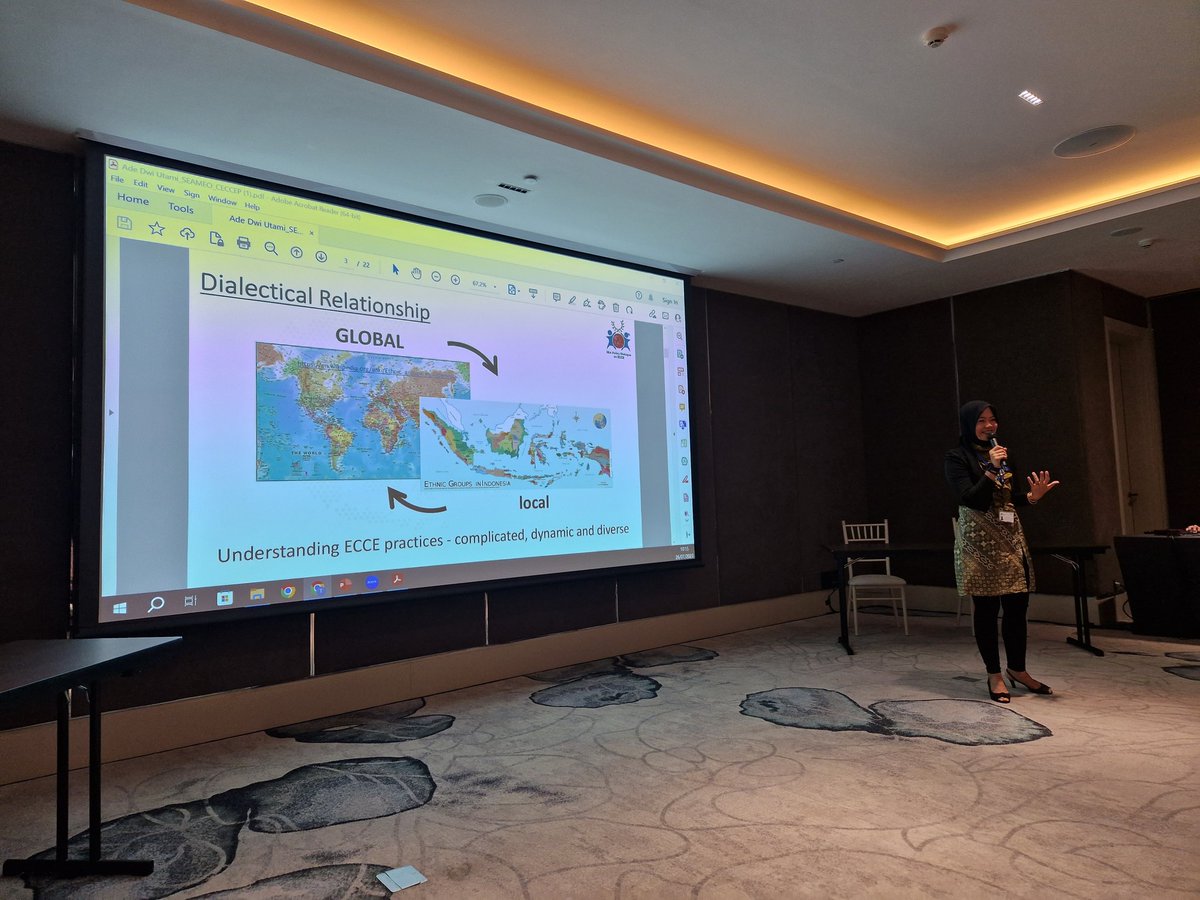 Froebelbanjo's tweet image. Dr. Ade Dwi Utami, Universitas Negeri Jakarta, asks: what if #ECCE had not been colonised? Can we reconceptualise, decolonisation, the global-local relationship? @seameoceccep @dcu_ecrc