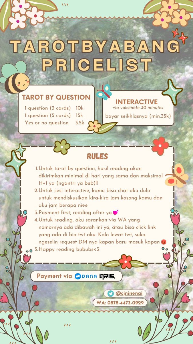 cjninenai's tweet photo. HAI SEMUANYA!! HARI INI ABANG OPEN JASA BACA TAROT READING START FROM ONLY 3.5K LOH WITH 120+++ TESTIMONIES~ YUK HIT ME UP AND BOOK UR SLOT!!
t. Jasa tarot,tarot reading, baca tarot,tarot murah
#zonauang️ #Zonajajan #zonaba #zonaBU #jasatarot https://t.co/D4XaAPk9Zd