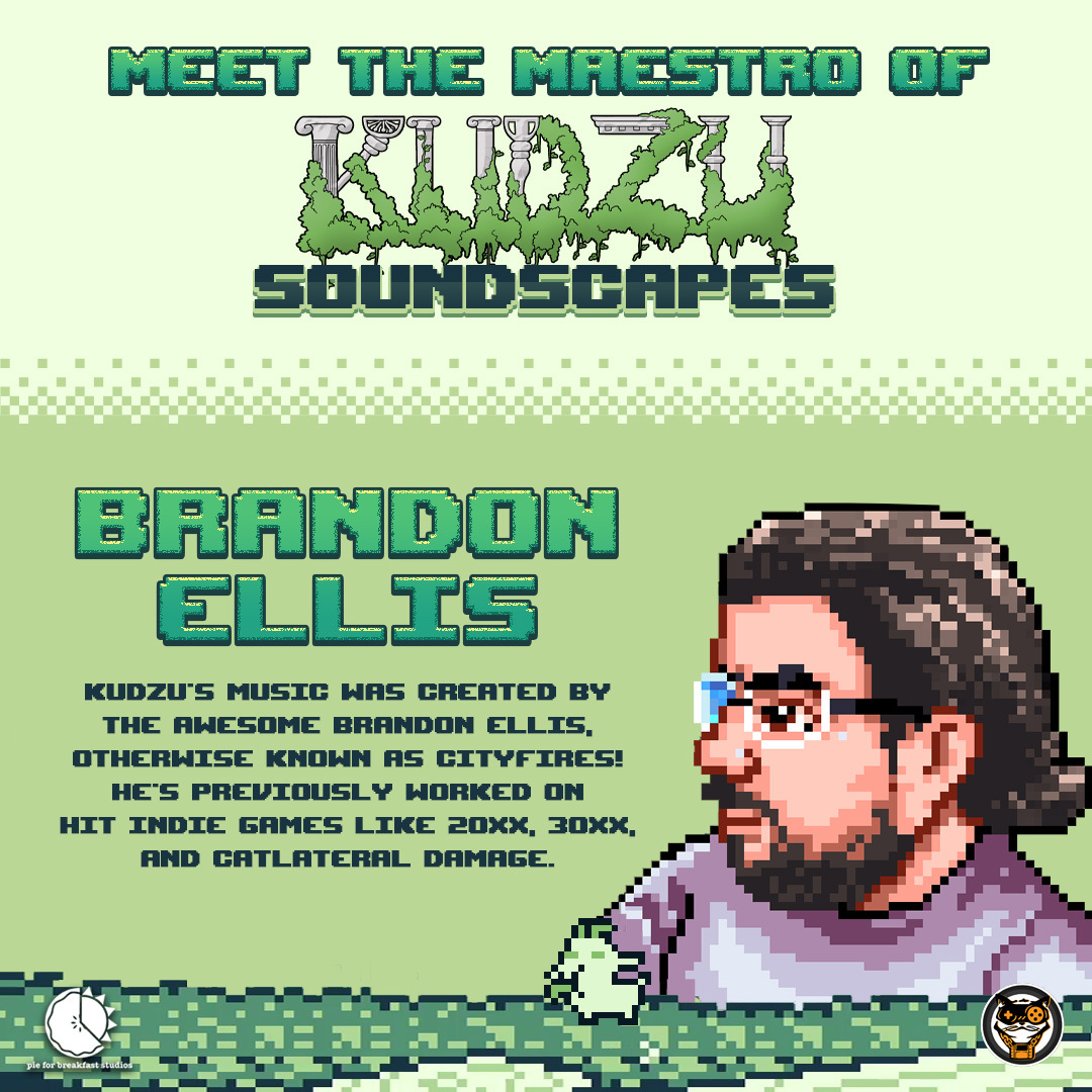 Meet the talented Brandon Ellis, the musical genius behind Kudzu's captivating soundtrack! 🎶🌿 Also known as <a href="/cityfires/">cityfires</a>, Brandon has worked on hit indie games like 20XX, 30XX, and Catlateral Damage. Get enchanted by the melodic world of #Kudzu! 🌱🎵 <a href="/Totter87/">TAREN OTTER</a> <a href="/PFBStudios/">Pie for Breakfast Studios</a>
