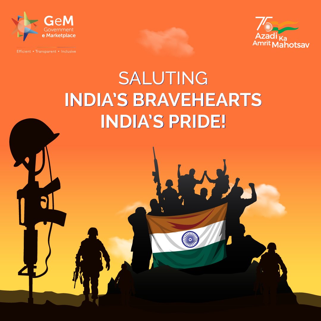GeM_India's tweet photo. On Kargil Vijay Diwas 2023, GeM remembers the exemplary valour of India's heroes. We remember their indomitable strength and courage in the face of danger. 

#KargilVijayDiwas2023 @HMOIndia @DefenceMinIndia
@adgpi @IAF_MCC @indiannavy https://t.co/eGJmadjMfG