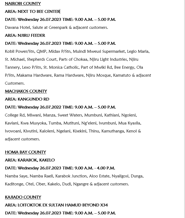 KenyaPower_Care's tweet photo. Hello. The following areas will be affected by planned maintenance. ^CK https://t.co/uGCu2IqglG