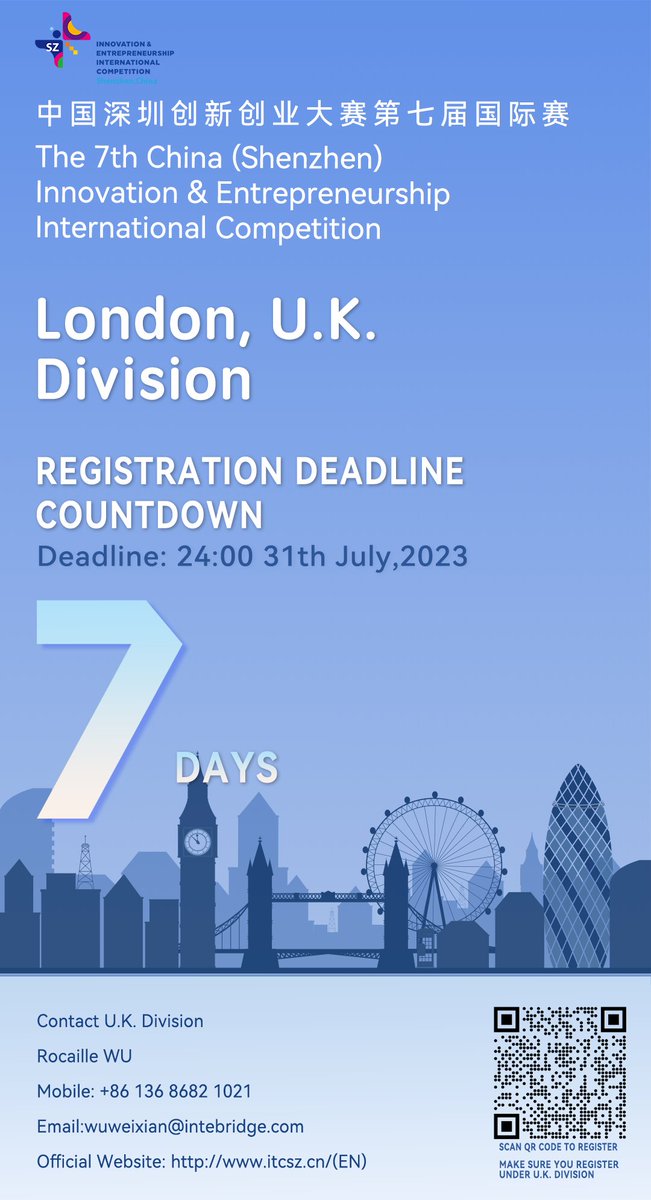 The 7th IEIC U.K. Division Registration DDL COUNTDOWN 7 DAYS!!!
Please register ASAP!
The official website: apply.itcsz.cn/elogin-london2…
£200,359 maximum accumulate prizes and subsidies!
Gain exposure to more than 100 VC and Funds institutions!
Free consultancy and tutoring for China!