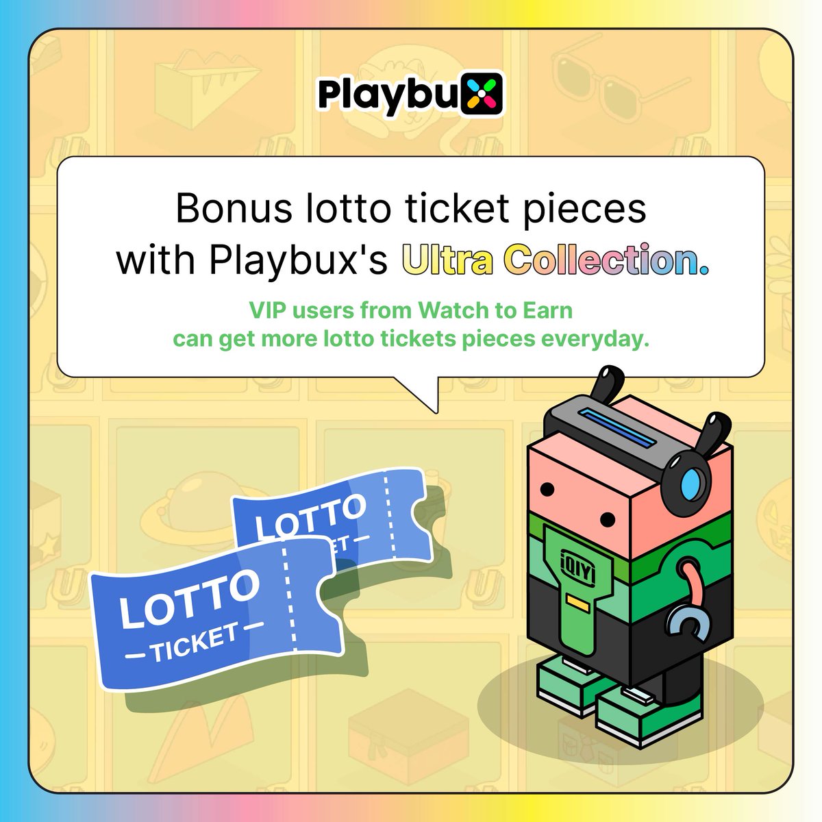 playbuxco's tweet photo. 🎫🎞️ Bonus lotto ticket pieces with Playbux's Ultra Collection. VIP users from Watch to Earn can get more lotto tickets pieces everyday.

#Playbux #bnbchain #PBUX #NFTs #Ultracollection #binancenft #nfttrade https://t.co/YueVD5oMxc