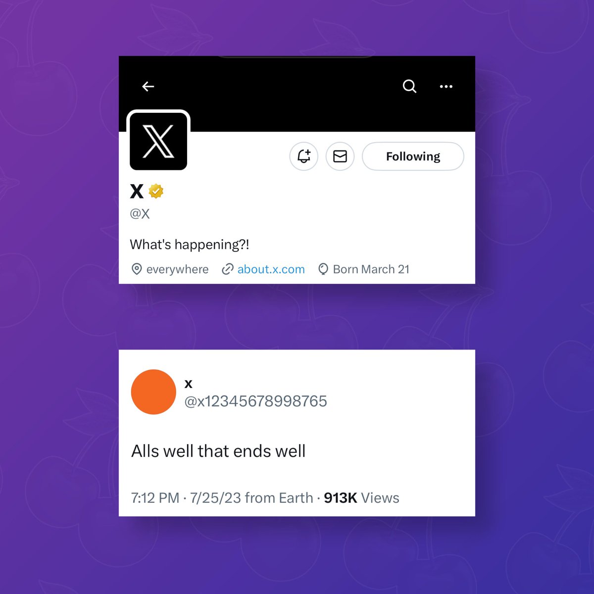 PopBase's tweet photo. Former holder of the ‘X’ username reacts to losing the handle as Twitter rebrands:

“Alls well that ends well” https://t.co/wEkGoy6vyE