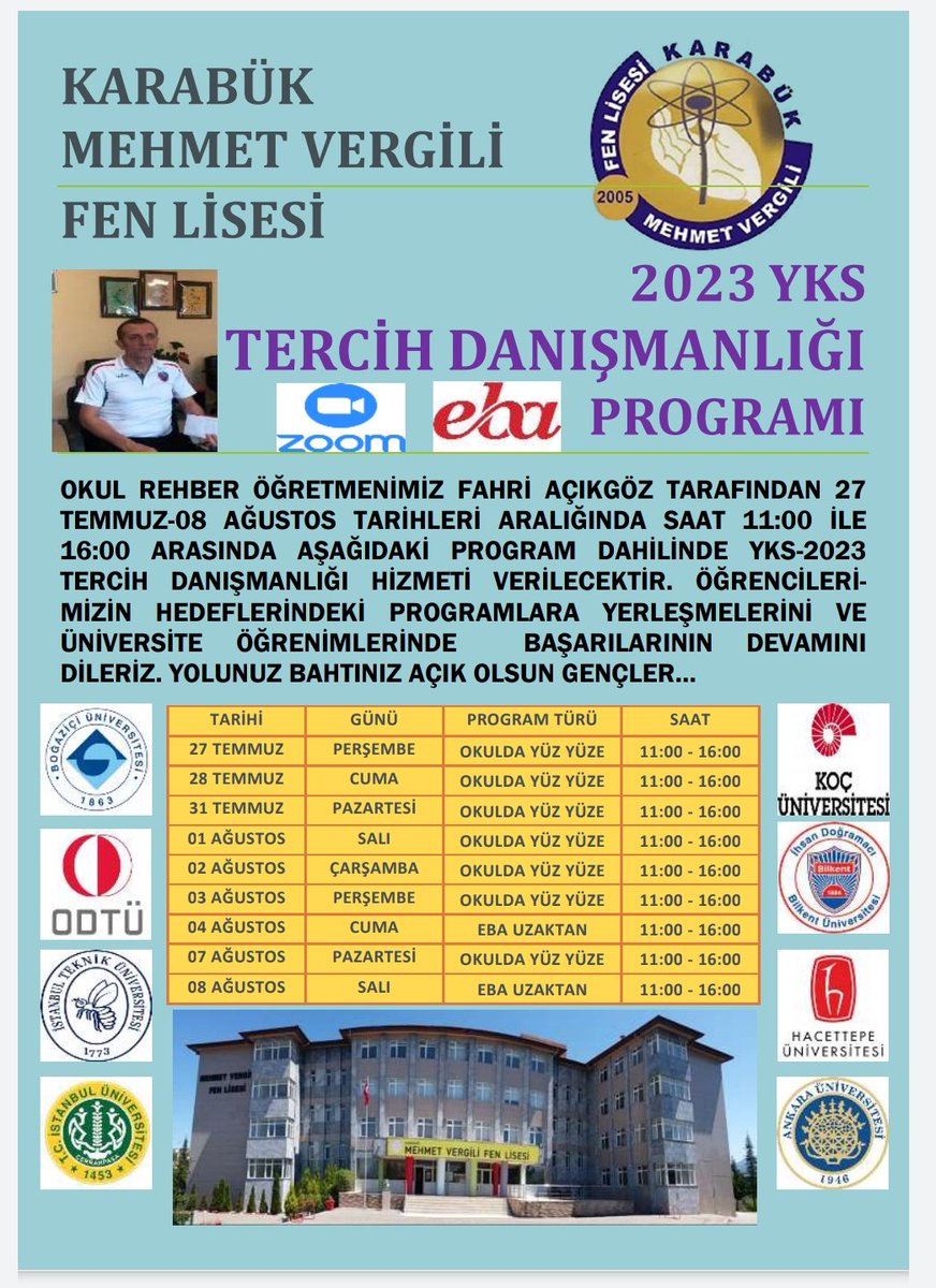 FenVergili's tweet photo. YKS-2023 TERCİH DANIŞMANLIĞI PROGRAMI
Karabük Mehmet Vergili Fen Lisesi rehber oğretmenimiz Fahri AÇIKGÖZ tarafından aşağıdaki program çerçevesinde tercih danışmanlığı hizmeti verilecektir. 
Yolunuz bahtınız açık, başarılarınız daim olsun gençler. https://t.co/awxzrh47KI