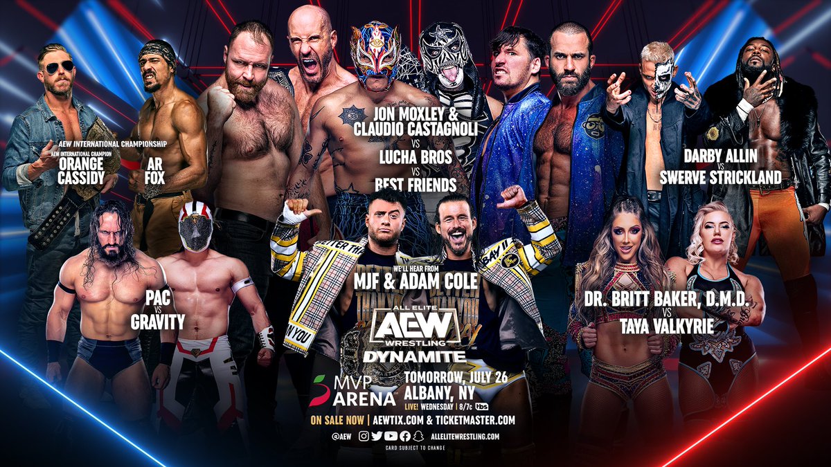 EmmaRhodes98950's tweet image. Wow it's going to be a good show tonight.. #AEWDynamite #OrangeCassidy #ARFox #PAC #Gravity #JonMoxley #ClaudioCastagnoli #LuchaBros #BestFriends #MJF #AdamCole #DarbyAllin #SwerveStrickland #BrittBaker #TayaValkriye