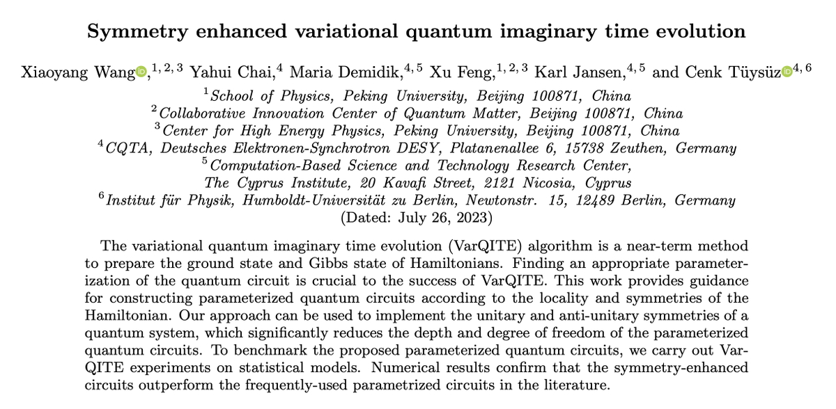 Are you trying to prepare a Gibbs state on a near-term device using VarQITE, but don't know how to design your circuit? 😱 Then, check this out 👇

📢We combine internal symmetries 👉👈 with time reversal symmetry ⏳ to supercharge ansatz design ⚡️

scirate.com/arxiv/2307.135…