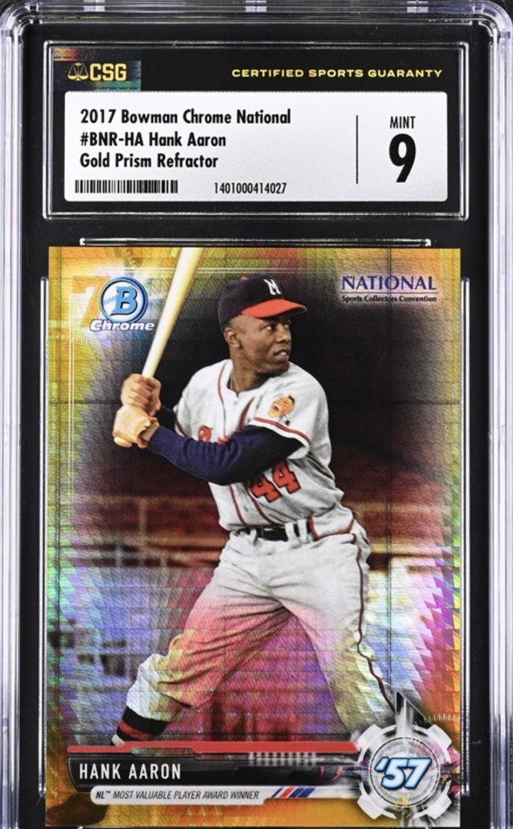 Day 64: Hank Aaron card of the day - 2017 Bowman Chrome National Convention Gold Prism Refractor #hammeringhank https://t.co/lhOkVjNSC0