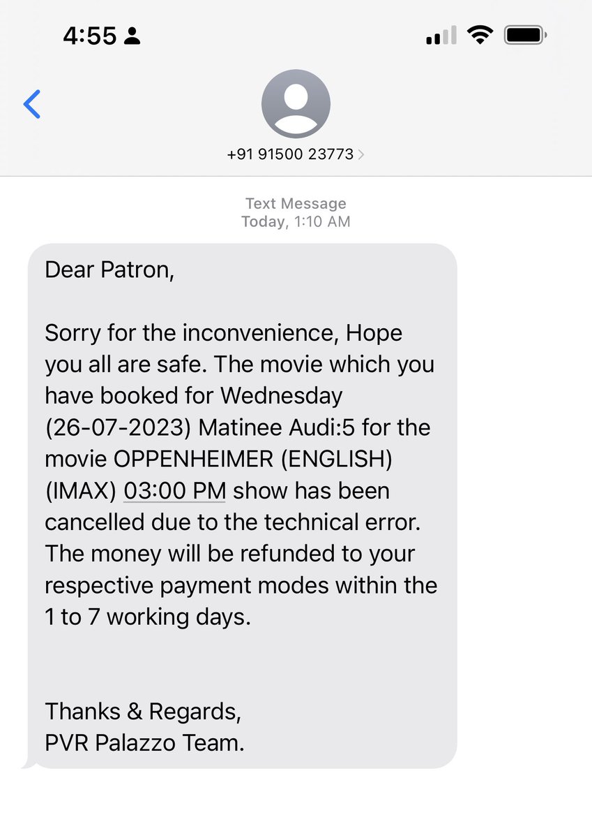 HariMurli's tweet photo. @bookmyshow @bookmyshow_sup With gr8 difficulty booked tickets to Oppenheimer Wednesday show with office team. On show day receive SMS from theatre it is cancelled! But BMS app shows CONFIRMED still. Support keeps saying “please wait, we’ll check”. Pathetic service! https://t.co/I3DsHMjcgL