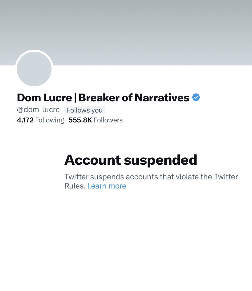 Why did <a href="/dom_lucre/">Dom Lucre | Breaker of Narratives</a> have his account suspended <a href="/elonmusk/">Elon Musk</a> <a href="/Support/">Support</a>? The only “rule” he broke was revealing too much!