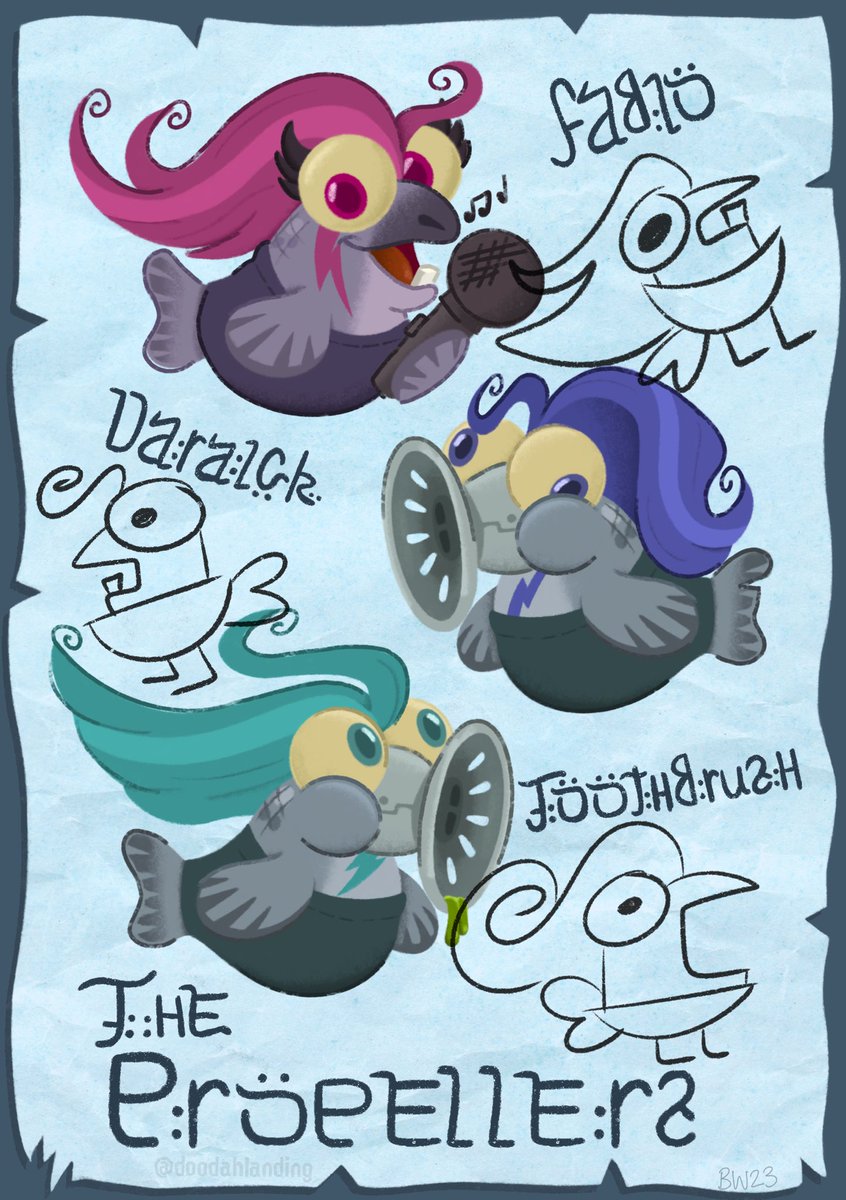 Now introducing the first-ever Fish Stick band... The Propellers! Featuring Fabio, Daraick and Toothbrush! Don’t miss out on their next concert where they make some noises that they consider "singing"
🎶🐟
This was my piece for <a href="/risinghueszine/">Rising Hues Zine💫 OUT NOW!</a>! Be sure to check it out!
#Splatoon