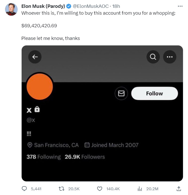 Zamir Shukho (@zamirshukho) on Twitter photo You can think  build a startup, work hard  , pivot, get into debt, , grow business , raise venture capital, find a strategic investor get aquired for $69,4M..... exit !
Or you can have a twitter account with <a href="/X/">X</a>, that <a href="/ElonMuskAOC/">Not Elon Musk</a> will buy for $69,4M. You can think  build a startup, work hard  , pivot, get into debt, , grow business , raise venture capital, find a strategic investor get aquired for $69,4M..... exit !
Or you can have a twitter account with <a href="/X/">X</a>, that <a href="/ElonMuskAOC/">Not Elon Musk</a> will buy for $69,4M.