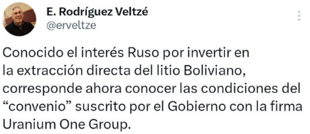 JuniorAriasP's tweet photo. #Bolivia Rodriguez Veltzé reitera pedido de transparencia en convenio sobre #Litio con empresa Rusa https://t.co/TMUJOhlGXT
