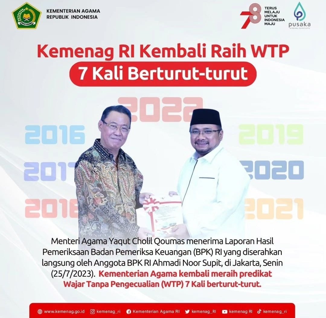 Kementerian Agama mendapatkan peredikat Wajar Tanpa Pengecualian (WTP) selama 7 tahun berturut-turut atas Laporan Keuangan dari Badan Pemeriksa Keuangan Republik Indonesia (BPK RI)...