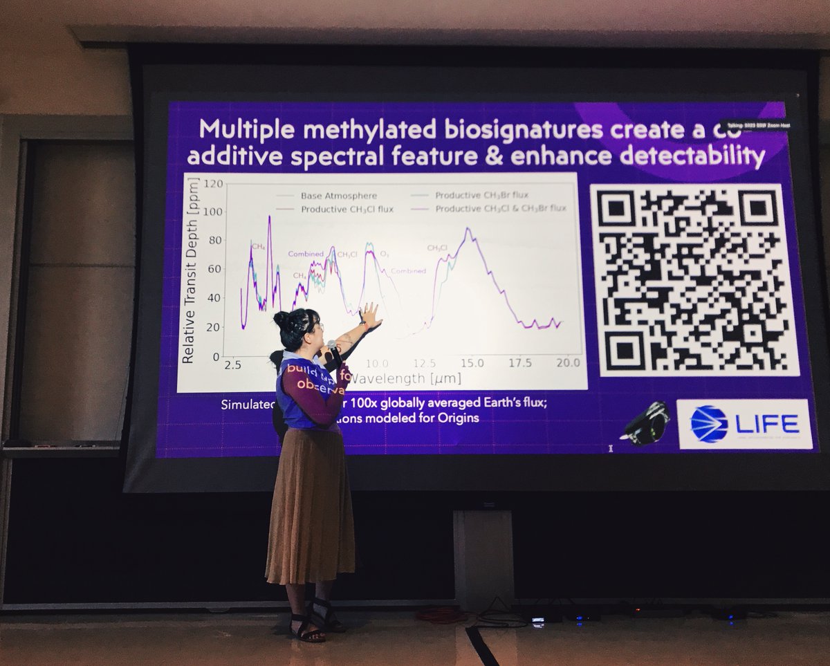 From the poster pops: Michaela Leung (<a href="/UCRiverside/">UC Riverside</a>) explains how to look for exoplanet biosignatures using methylated atmospheric gases. #Sagan2023