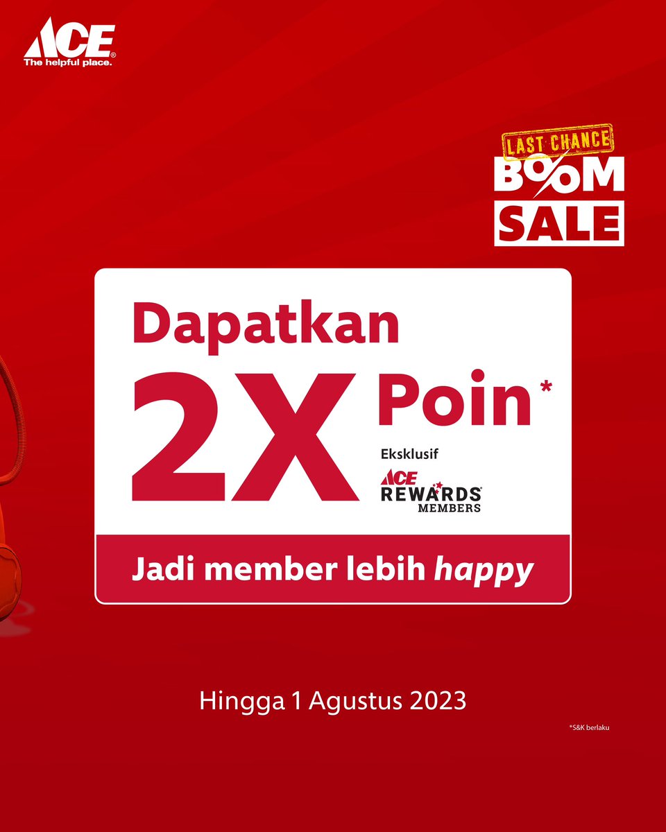 Tinggal 7 hari lagi! 😍

Waktunya belanja lebih hemat di #ACEBoomSaleBikinHappy. Buat kamu yang sudah gajian, ayo manfaatkan promonya. Kapan lagi belanja di @aceindonesia lebih hemat hingga 70%, dapat cashback 700ribu dan 2x point untuk kamu pemegang member ACE . 🙂