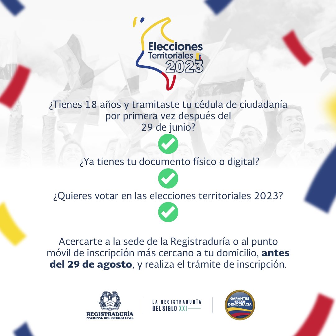 Registraduria's tweet image. Conoce todo lo que debes saber si tramitaste tu cédula de ciudadanía por primera vez y quieres votar en las #EleccionesTerritoriales2023 🇨🇴.

Somos #GarantesDeLaDemocracia 
#ElPoderDelVoto