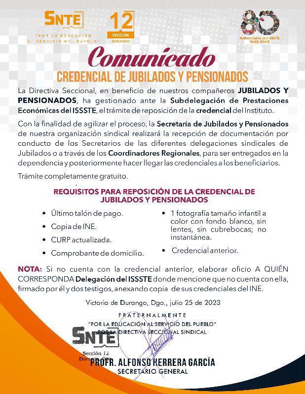 #ConVisiónDeFuturo
#Sección12

🚨 ＣＯＭＵＮＩＣＡＤＯ 🚨 

𝐂𝐑𝐄𝐃𝐄𝐍𝐂𝐈𝐀𝐋 𝐃𝐄 𝐉𝐔𝐁𝐈𝐋𝐀𝐃𝐎𝐒 𝐘 𝐏𝐄𝐍𝐒𝐈𝐎𝐍𝐀𝐃𝐎𝐒

Trámite completamente gratuito.

#SNTEunoAuno
#LaUnidadNosFortalece