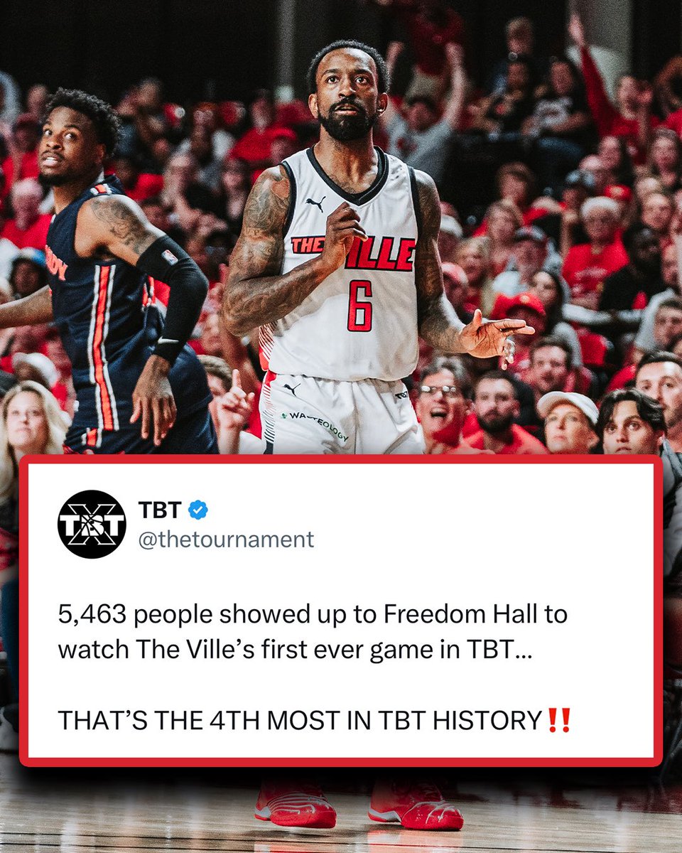 TBT (@thetournament) on Twitter photo The 4th largest crowd in TBT HISTORY
INCREDIBLE FOR THE VILLE’S FIRST EVER TBT GAME!!!!
👏Take a bow, <a href="/LouisvilleMBB/">Louisville Men's Basketball</a> fans👏 The 4th largest crowd in TBT HISTORY
INCREDIBLE FOR THE VILLE’S FIRST EVER TBT GAME!!!!
👏Take a bow, <a href="/LouisvilleMBB/">Louisville Men's Basketball</a> fans👏