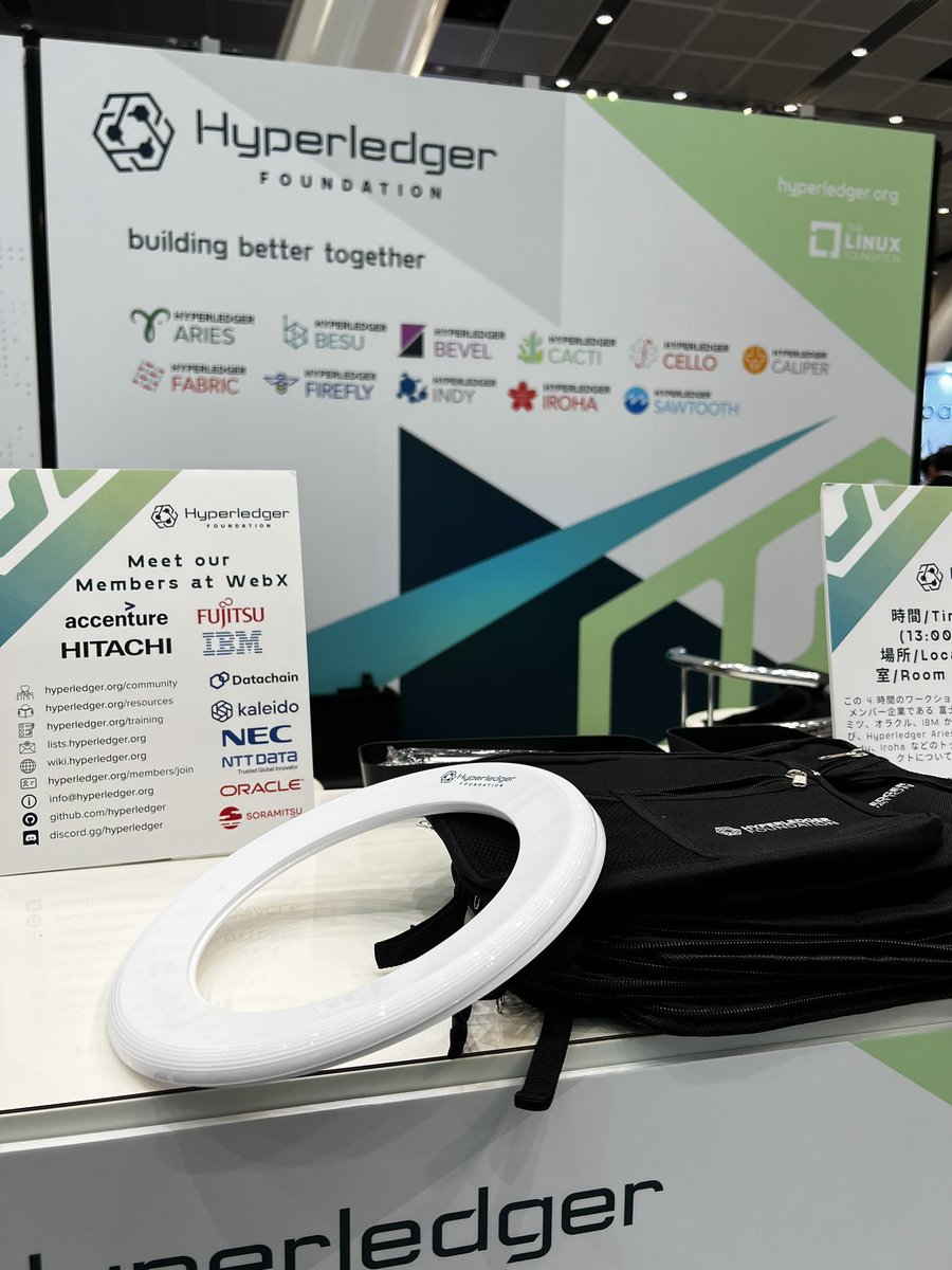 lfdecentralized's tweet photo. Come visit the Hyperledger booth at @WebX_Asia #WebX come speak with one our our Hyperledger Regional Chapter leaders including @satomicchy and member @Oracle representative @Gakumura. Learn about how they are participating and contributing to our Global community, and grab some swag including stickers, electronic pouches and frisbees!
