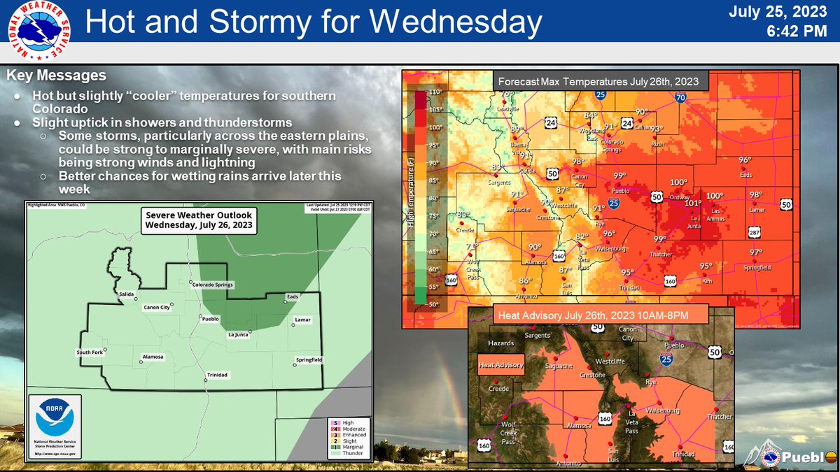 Wednesday will bring another hot day to southern Colorado, though slightly cooler than the start of this week. In addition to that, rain showers and thunderstorms will increase in coverage again during the afternoon, with some storms becoming strong to severe. #cowx
