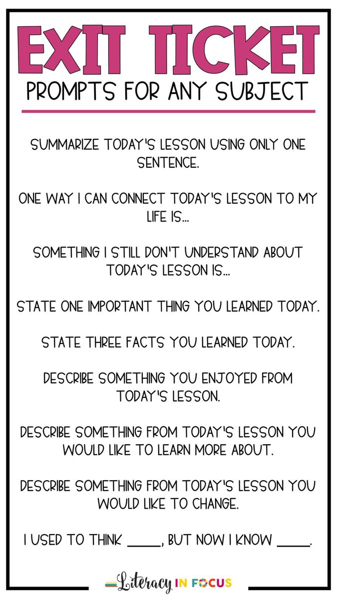 EXIT TICKET prompts for any subject 🎟🎫🎟:ticket:

Via Literacy in Focus &amp; <a href="/TCEA/">TCEA</a>.

What would you add?🤔💭

sbee.link/438ubj9cqx    

#Education #EdChat #EdTech #edutwitter #SEL #k12 #teachertwitter #twitteredu #GrowthMindset #edadmin