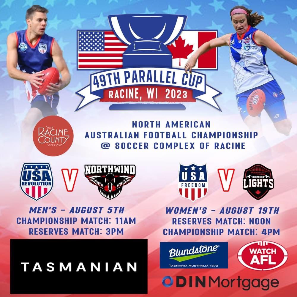 ITS U.S.🇺🇸 vs THEM 🇨🇦 

Join us in Racine as our National teams play their first games on home soil in 7 years!

The <a href="/USAFLRevolution/">USA Revolution</a> men and <a href="/USAFLFreedom/">USAFL Freedom</a> women will face off against their <a href="/AFLCanada/">AFL Canada</a> counterparts over two fantastic days of Aussie Rules action in Wisconsin!