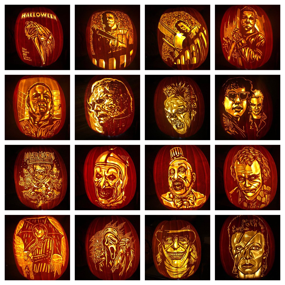 So these are the 16 out of the 21 pumpkins I’ll have next weekend <a href="/monstermaniacon/">MONSTER-MANIA CON</a>.  #halloween #michaelmyers #lostboys #wednesday #arttheclown #captainspaulding #joker #killerklownsfromouterspace #ghostface #thegrabber #ziggystardust #monstermaniacon #ianspumpkincarvings