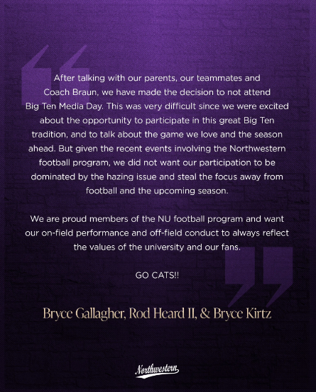 TerrilMike's tweet photo. @NUFBFamily player representatives have decided not to attend B1G Media Days this week.  Their statement👇👇👇 
#B1G #NCAA #FBS @_redshirtsports https://t.co/AePCqmjg7l