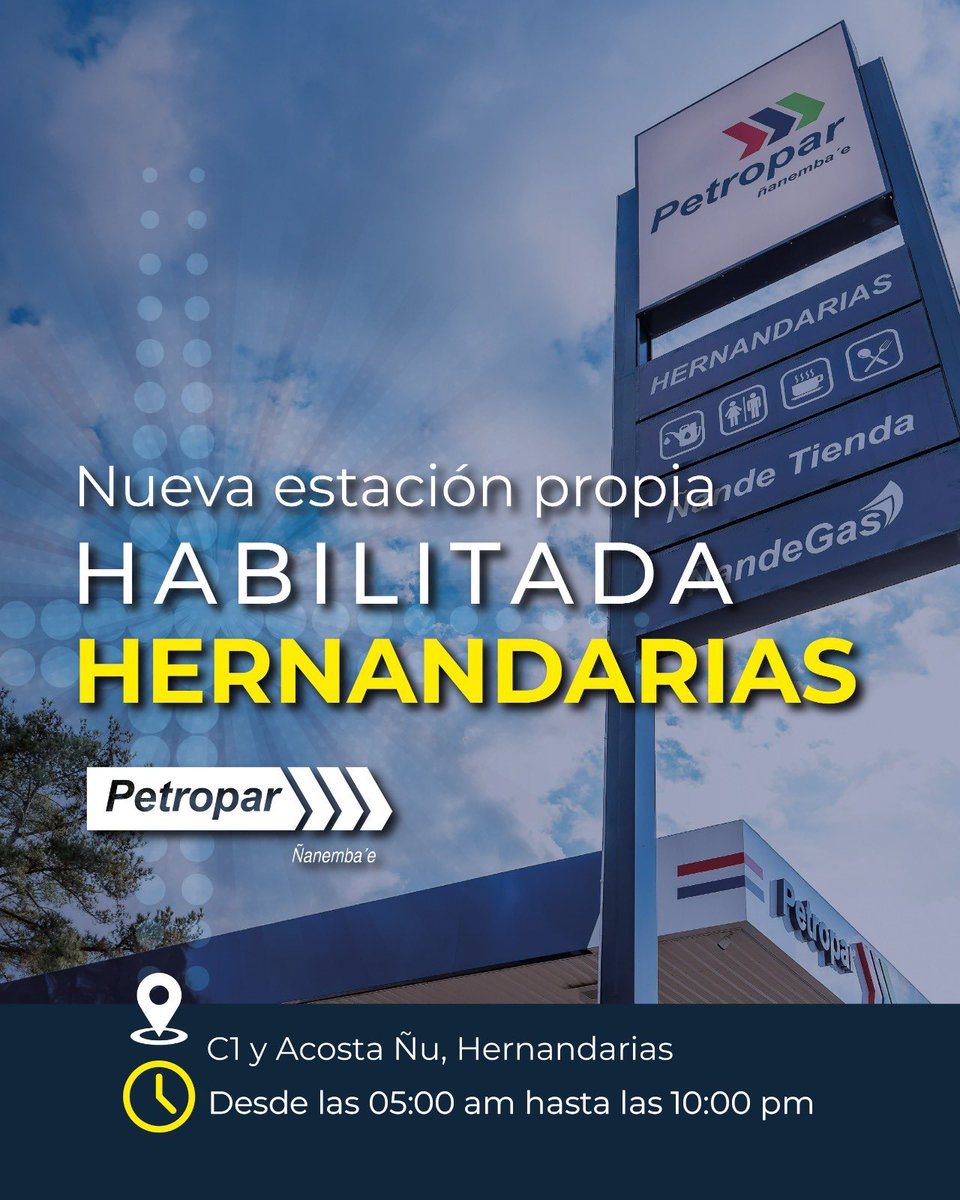Petropargov's tweet photo. Una estación propia más para todos los paraguayos 💯🇵🇾 Petropar Hernandarias ya está habilitada con la mejor energía! 

#PetroparÑanembae⛽️🇵🇾 https://t.co/0R6V1KOpkR