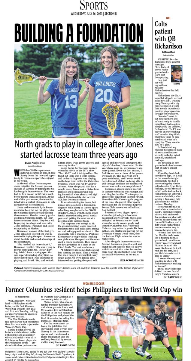 In Wednesday's sports edition of The Republic, a feature on Columbus North grads Liberty Jones (Tusculum) and Rylie Boezeman (Marian) playing lacrosse in college after team was started three years ago.