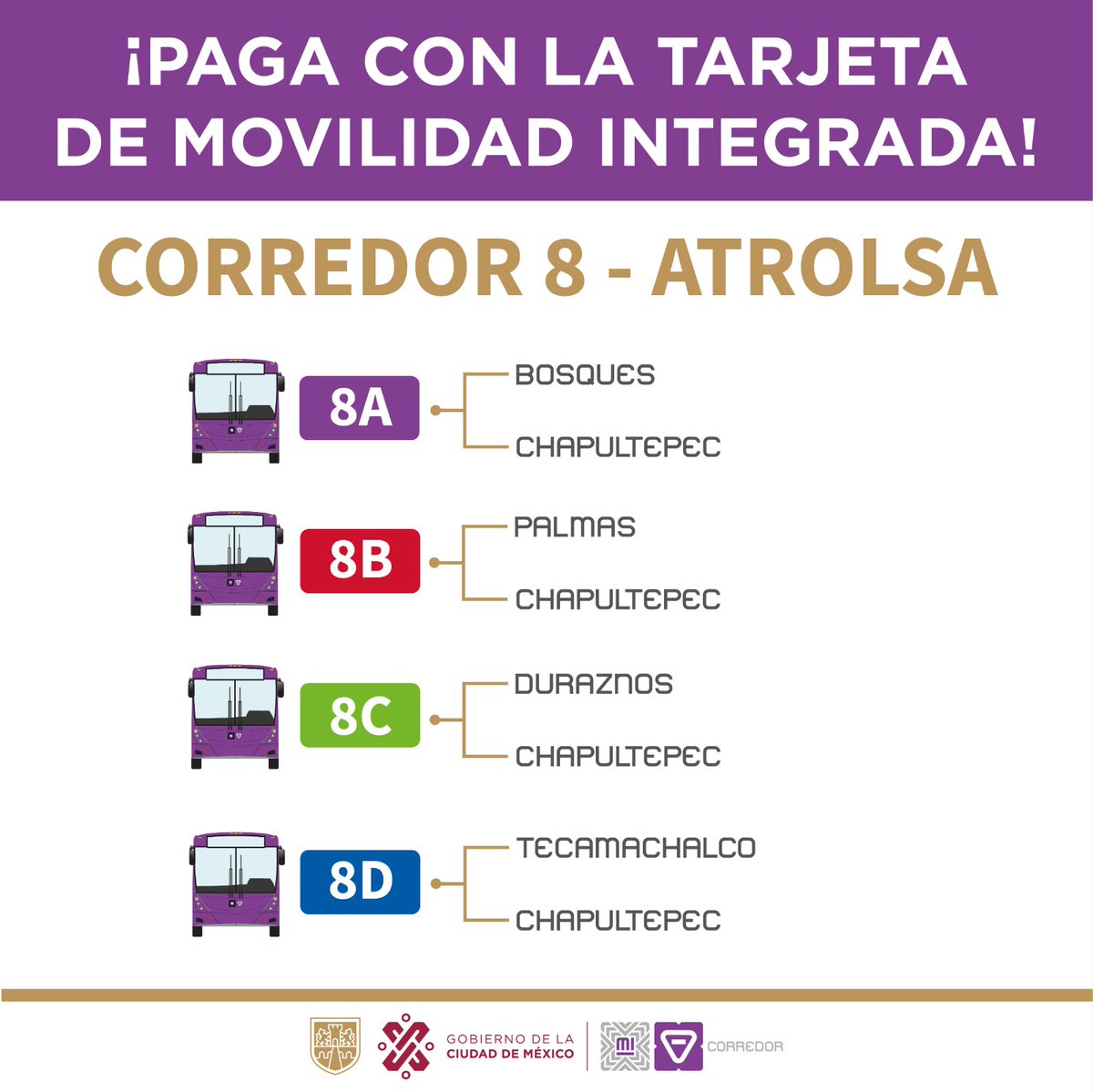 ORTCDMX's tweet photo. 📢 Toma en cuenta que el corredor #ATROLSA acepta pago con la #TarjetaMI 💳 en los servicios:
🚍8 A. Bosques- Chapultepec
🚍8 B. Palmas - Chapultepec
🚍8 C. Duraznos - Chapultepec
🚍8 D. Tecamachalco - Chapultepec
➡️ Recuerda recargar saldo a tu tarjeta: https://t.co/51rjv2wDaR https://t.co/vbNBuwpxbY