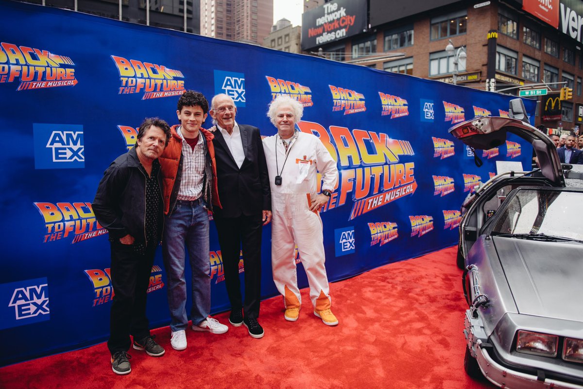 🤯🤯🤯 <a href="/realmikefox/">Michael J. Fox</a>, <a href="/DocBrownLloyd/">Christopher Lloyd</a> and <a href="/LeaKThompson/">Lea Thompson</a> arrive at Back to the Future on Broadway.