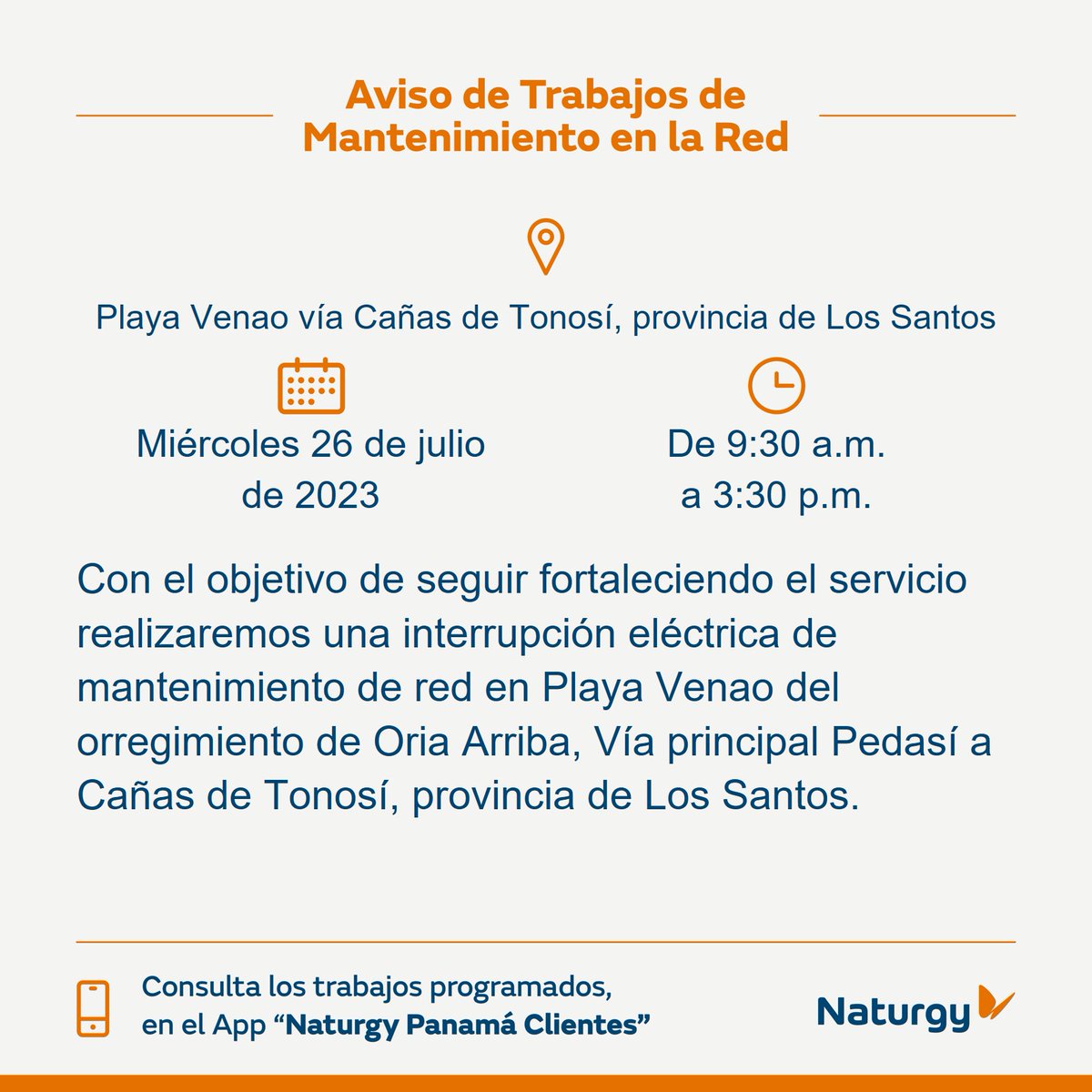 #ProvinciadeLosSantos Trabajos de mantenimiento en la red para el miércoles 26 de julio en Playa Venao vía Cañas de Tonosí, provincia de Los Santos. <a href="/LosSantos7/">Los Santos</a> <a href="/PedasiLS7/">Pedasi Los Santos</a> <a href="/TReporta/">Telemetro Reporta</a> <a href="/DiaaDiaPa/">Diario DiaaDia</a>