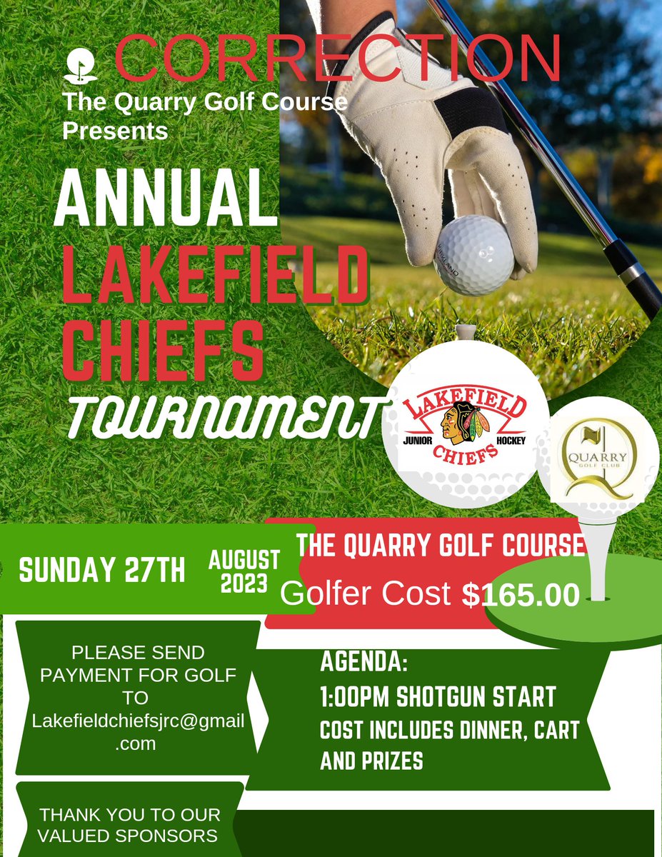 Lakefield Chiefs (@chiefs_jrc) on Twitter photo <a href="/Chiefs_JrC/">Lakefield Chiefs</a> wants to make a correction to our upcoming annual golf tournament fundraiser. Please send the golf fees directly to Lakefieldchiefsjrc@gmail.com
We look forward to seeing everyone at the <a href="/QuarryGolf/">Quarry Golf Club</a> <a href="/Chiefs_JrC/">Lakefield Chiefs</a> wants to make a correction to our upcoming annual golf tournament fundraiser. Please send the golf fees directly to Lakefieldchiefsjrc@gmail.com
We look forward to seeing everyone at the <a href="/QuarryGolf/">Quarry Golf Club</a>