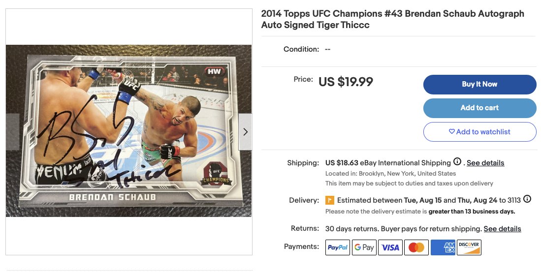 Reddit loves to peddle conspiracy theories. Here's one that shows that Brendan Schaub, The Hybrid, Big Brown has always used Tiger Thiccc. Here's a signed 2014 Topps UFC Champions Card. It wasn't stolen from Segura as others would have you believe. @Bigbluedolla @TotalPa90648039 https://t.co/yP999EcUh7