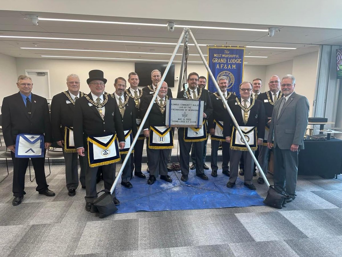 GrandLodgeNE's tweet photo. On Saturday, July 22, 2023, Grand Lodge officers were pleased to lay the cornerstone of the new Columbus Community Building. Congratulations to the community of Columbus, and thanks to Lebanon Lodge No. 323 for requesting the cornerstone! https://t.co/cNJhYbqxCh