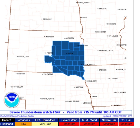 SEVERE STORM WATCH to 1 AM CDT for SD  A tornado or two possible Hail 2.5