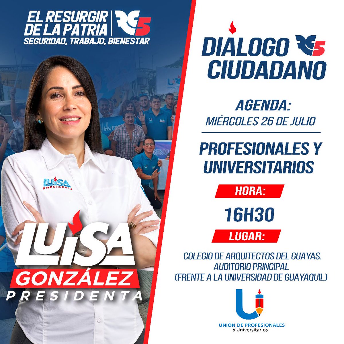 uniprou_ec's tweet photo. Conversatorio Ciudadano 🗣️

🔵Miércoles 26/Julio/2023 
⏰16h30 
🌟Auditorio Colegio de Arquitectos (Frente a la Universidad De Guayaquil)
Con la partición de @LuisaGonzalezEc. 
Organiza: 
*Unión de Profesionales y Universitarios - Guayaquil*

¡Los esperamos! https://t.co/pvVvjM6Dit