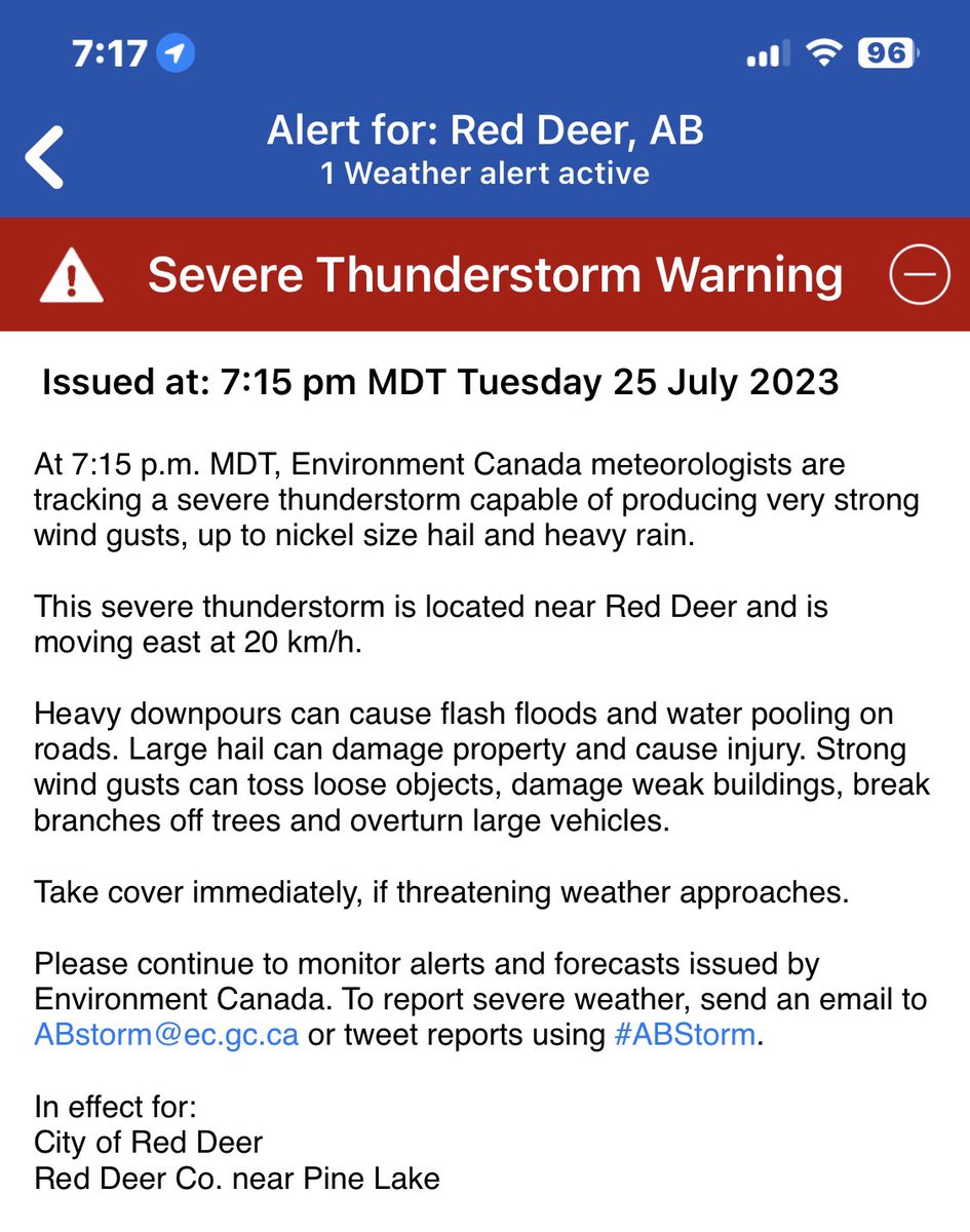 Just got the warning at 7:15 pm. AFTER the hail and heavy rain in #RedDeer. Check out the time of the radar. My point being don’t wait for weather alert. Stay alert yourself esp these days. #eyestothesky #whenindoubttakeshelter #abstorm Storm btw not too bad. Angels are rocking. https://t.co/qGCFMBoieo