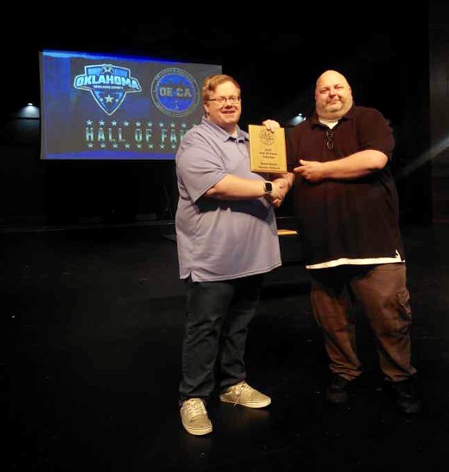 OKECA_'s tweet photo. Back at the beginning of July, the @EsportsOklahoma group had their Coaches Clinic. 4 Members of OKSE were inducted to the first ever Oklahoma Esports Hall of Fame! Congrats to Mike Shipley, Brian Morris, Tyler Gray and Kaleb Murray! https://t.co/g7JFQ8205R